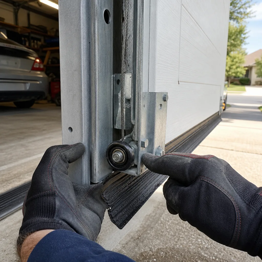 Technician performing professional garage door cable repair on a bottom bracket.
