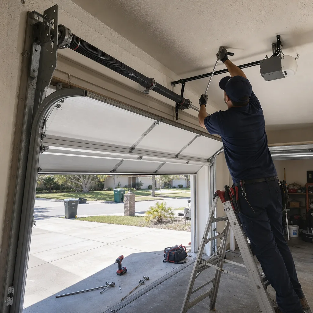 Technician performing professional garage door spring repair and maintenance