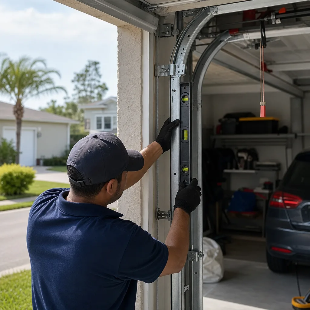 Technician using a level to repair a garage door track