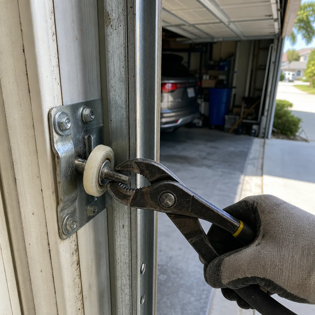 Professional technician repairing a garage door roller with hand tools