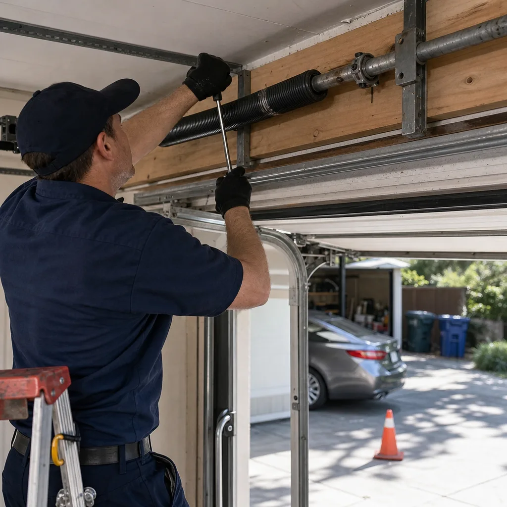 Technician performing professional garage door spring repair and maintenance