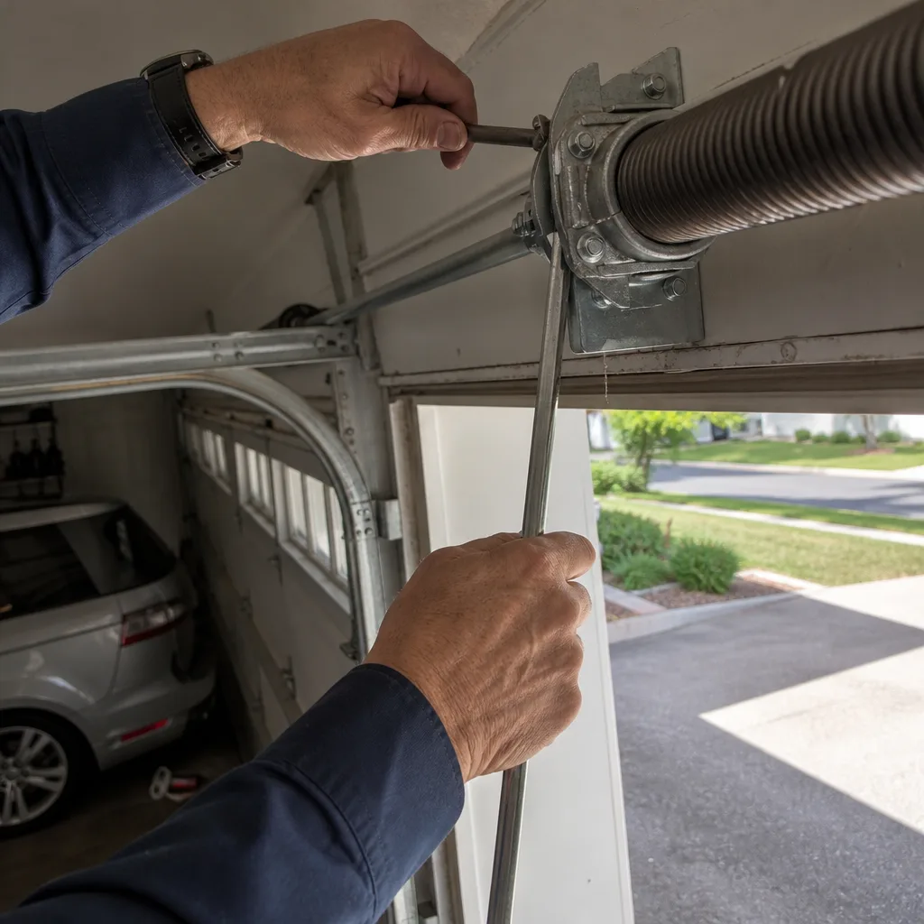 Technician performing a professional garage door torsion spring repair